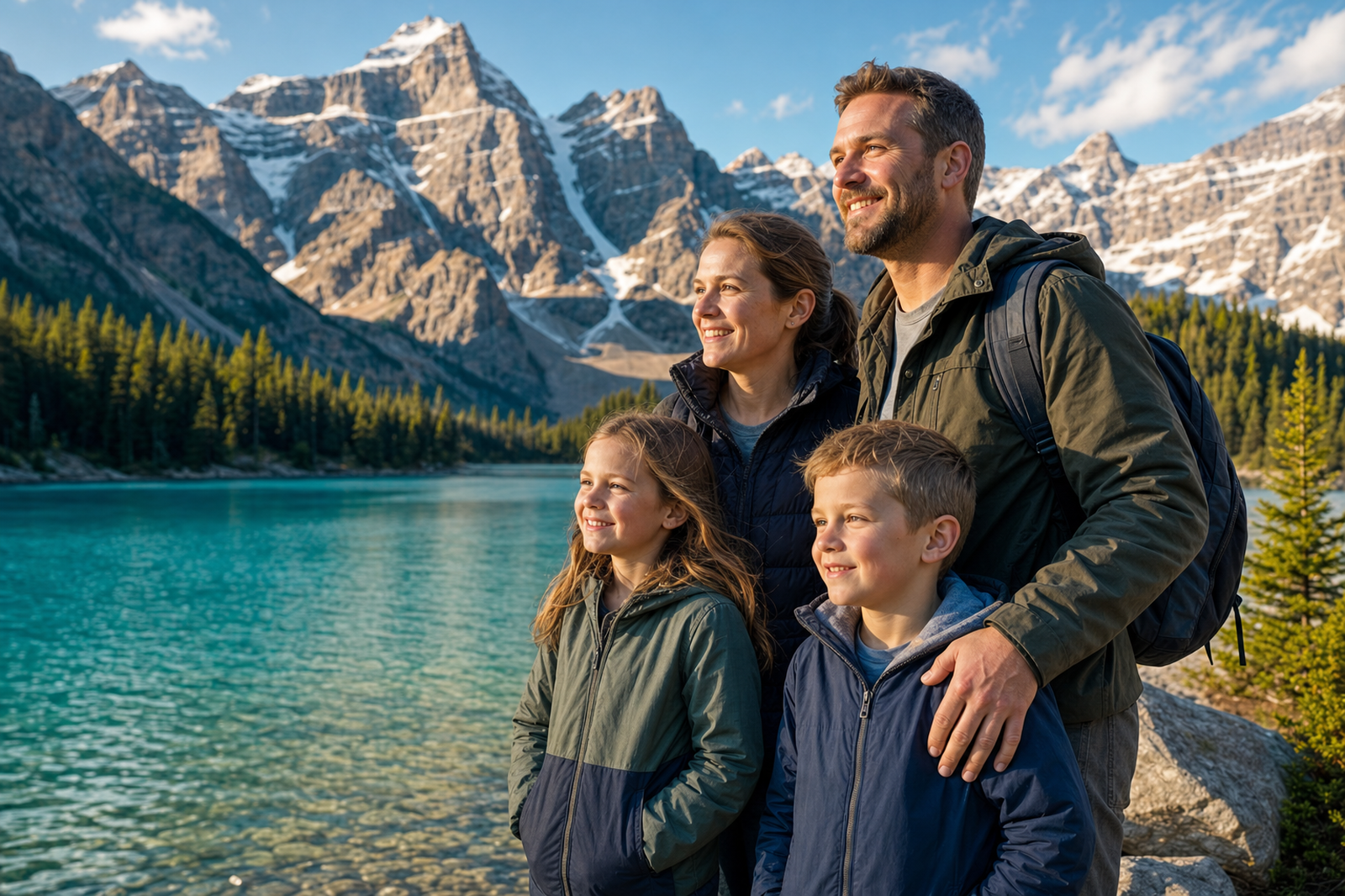 An Alberta family of four smiling together in front of a turquoise mountain lake and snow-capped Rocky Mountains.