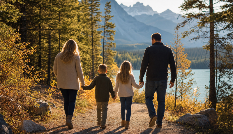 News thumbnail photograph of a family walking away together down a sunlit forest path.