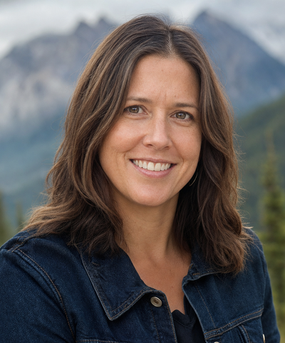 Photographic portrait of a smiling brunette woman in a dark outdoor jacket against a softly blurred mountain-lake background.