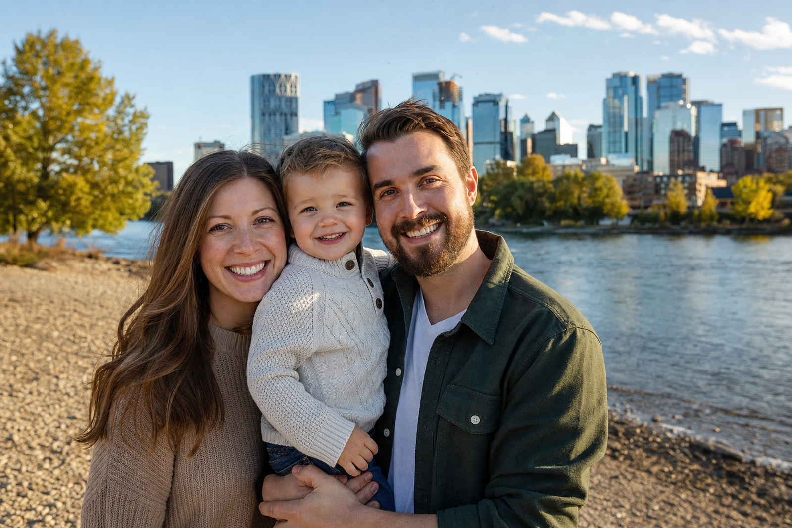 Warmly lit lifestyle photograph of a smiling mother, father, and child in front of a river and modern city skyline.