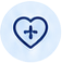 Navy outlined medical heart with cross, centered in a pale blue circular badge.