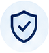 Navy outlined shield with checkmark centered in a pale blue circular badge.